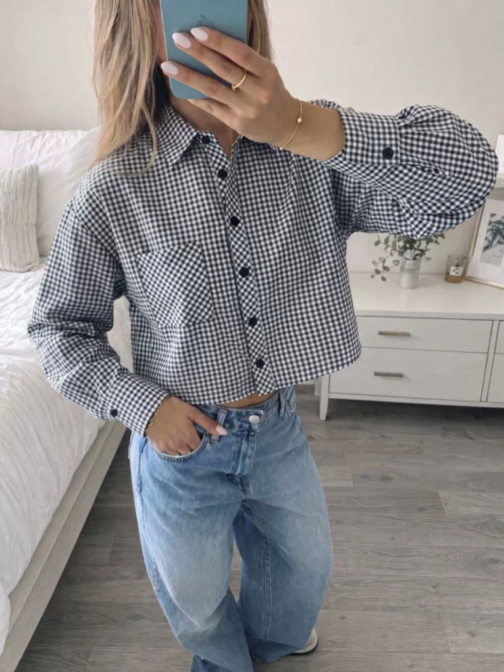 ZARA Casual High Waist Cropped Plaid Shirt Slim Fit Long Sleeve
